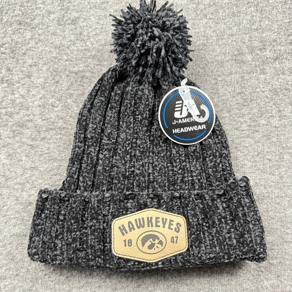 Iowa‎ Hawkeyes Knit Beanie Winter Hat Pom Black Gray Black NCAA Football College